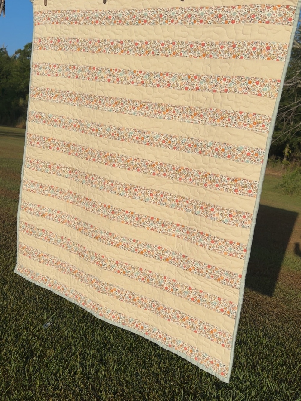 Cream and Floral Striped Quilt Throw - Home Bedding